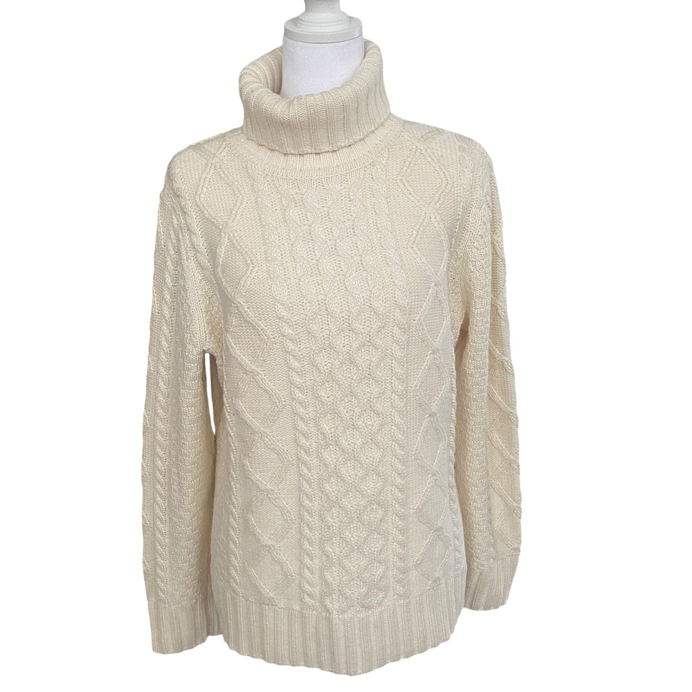LL Bean Women Cream Cable Knit Turtleneck Wool Blend Fisherman Sweater Large